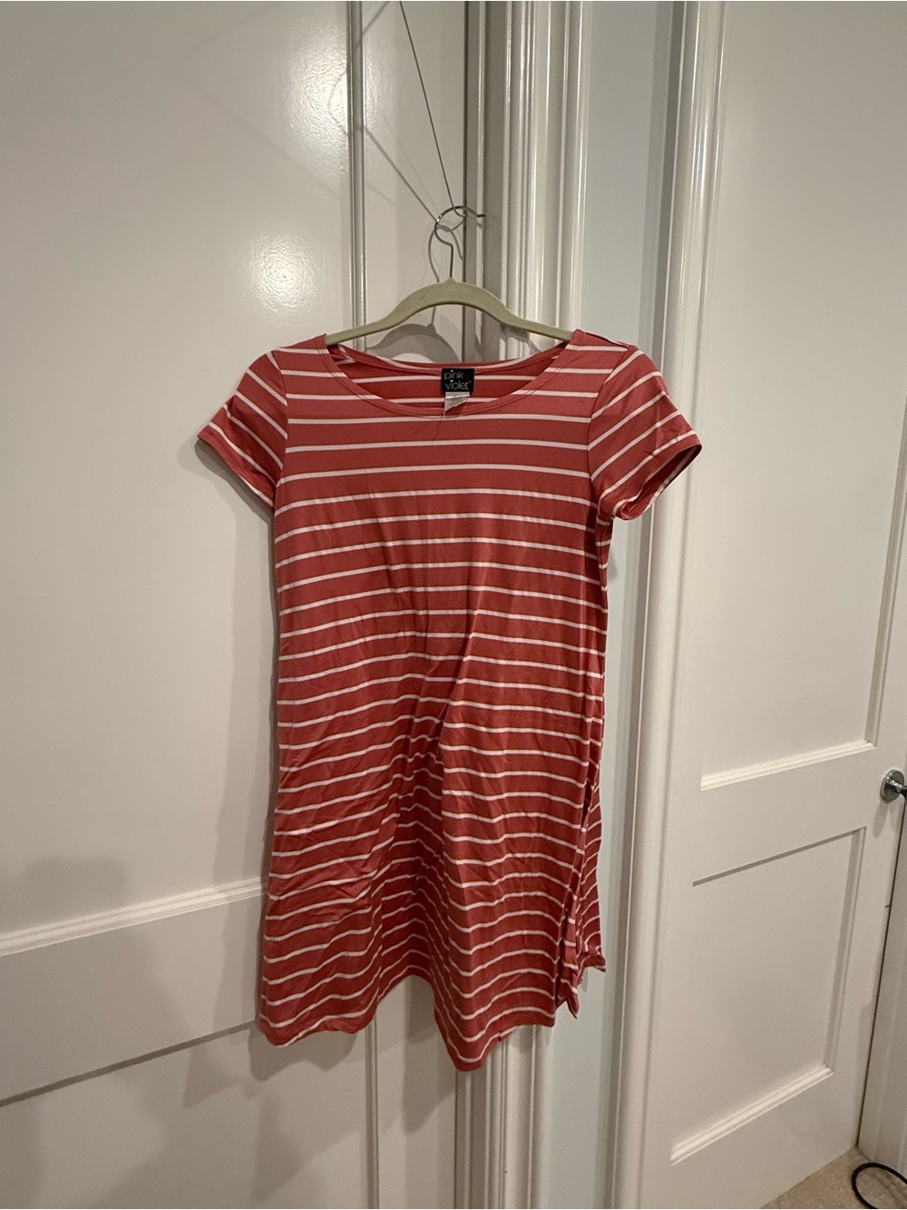 Coral Red & White Striped Short Sleeve Tee Dress